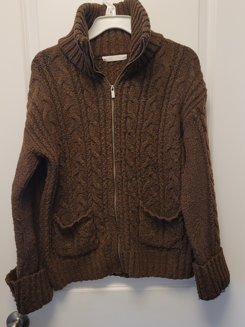 OAK + FORT Brown Textured Knit Zip Cardigan Sweater XS Oversized